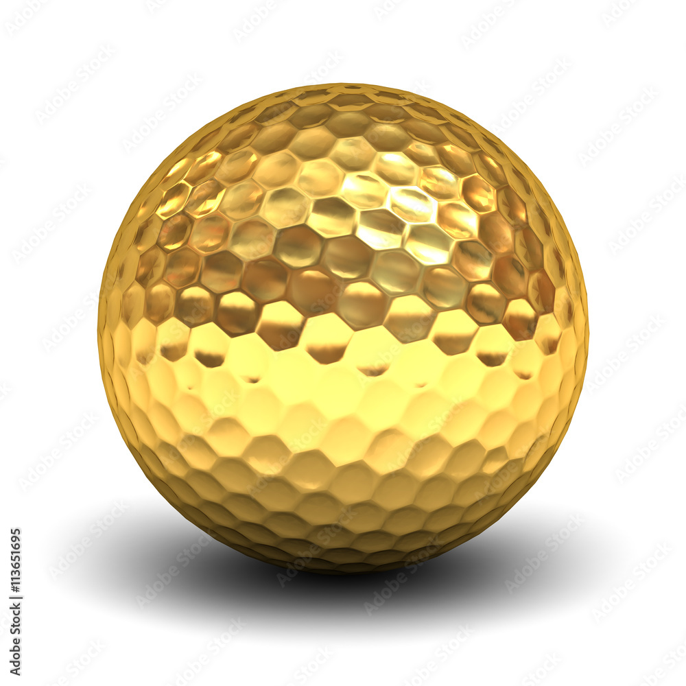 Aufkleber gold golf ball isolated over white background with reflection and shadow 3d rendering
