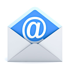 White at sign mail in envelope E mail concept isolated on white background 3D rendering