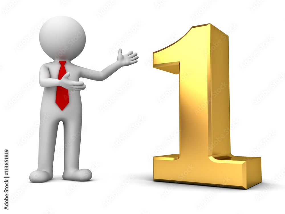 Aufkleber 3d business man standing and presenting 3d gold number one isolated over white background with shadow 3D rendering