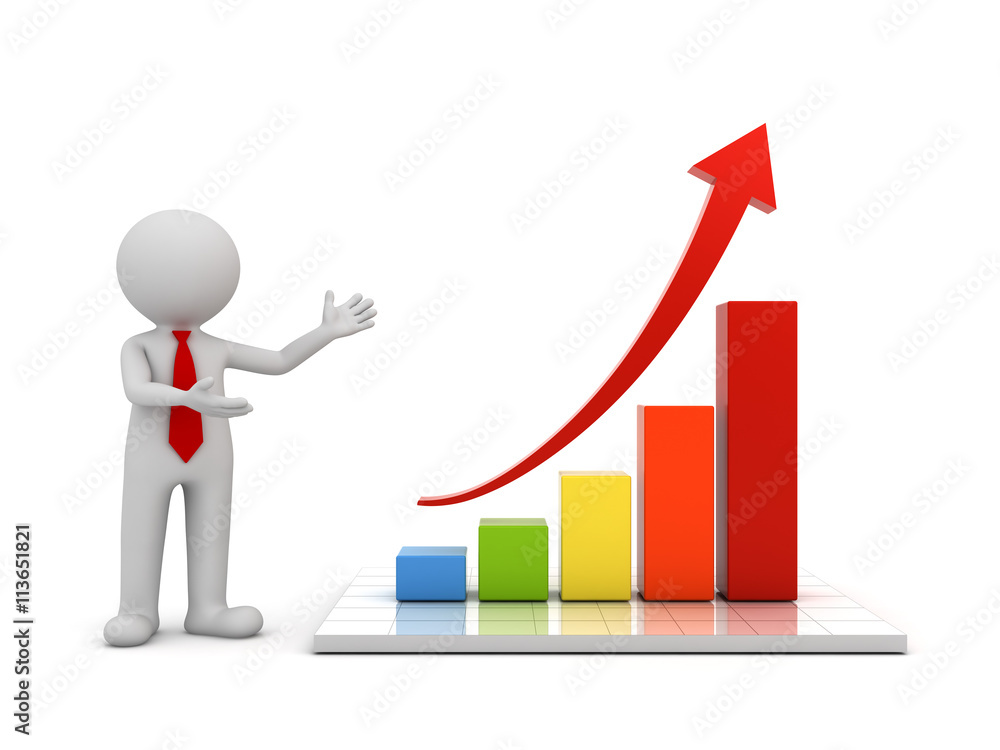 Aufkleber 3d man standing and presenting growth business graph with red rising arrow concept isolated over white background with reflection 3D rendering