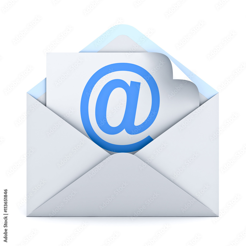 Poster Blue at sign mail on paper in envelope E mail concept isolated on white background 3D rendering