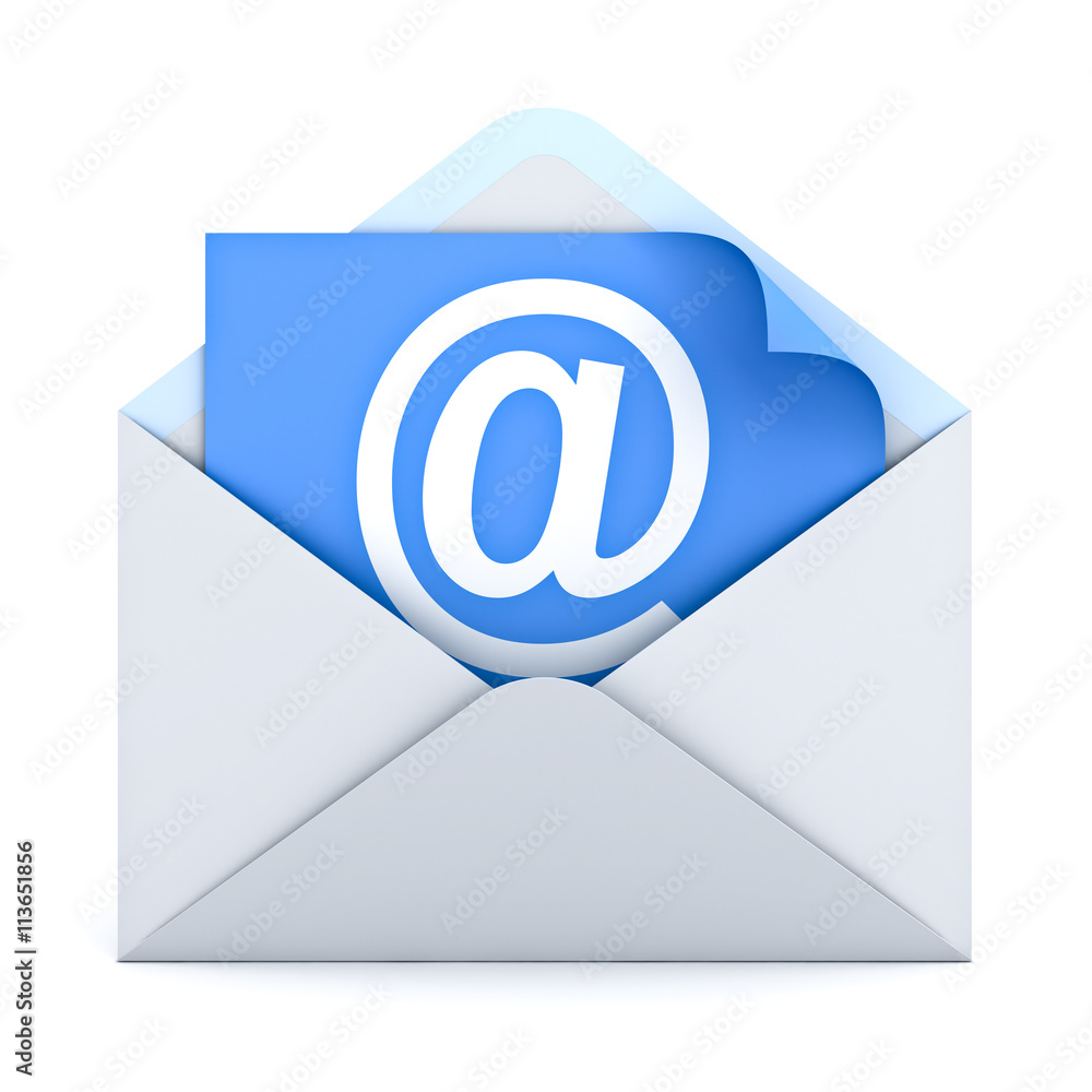 Poster White at sign mail on paper in envelope E mail concept isolated on white background 3D rendering