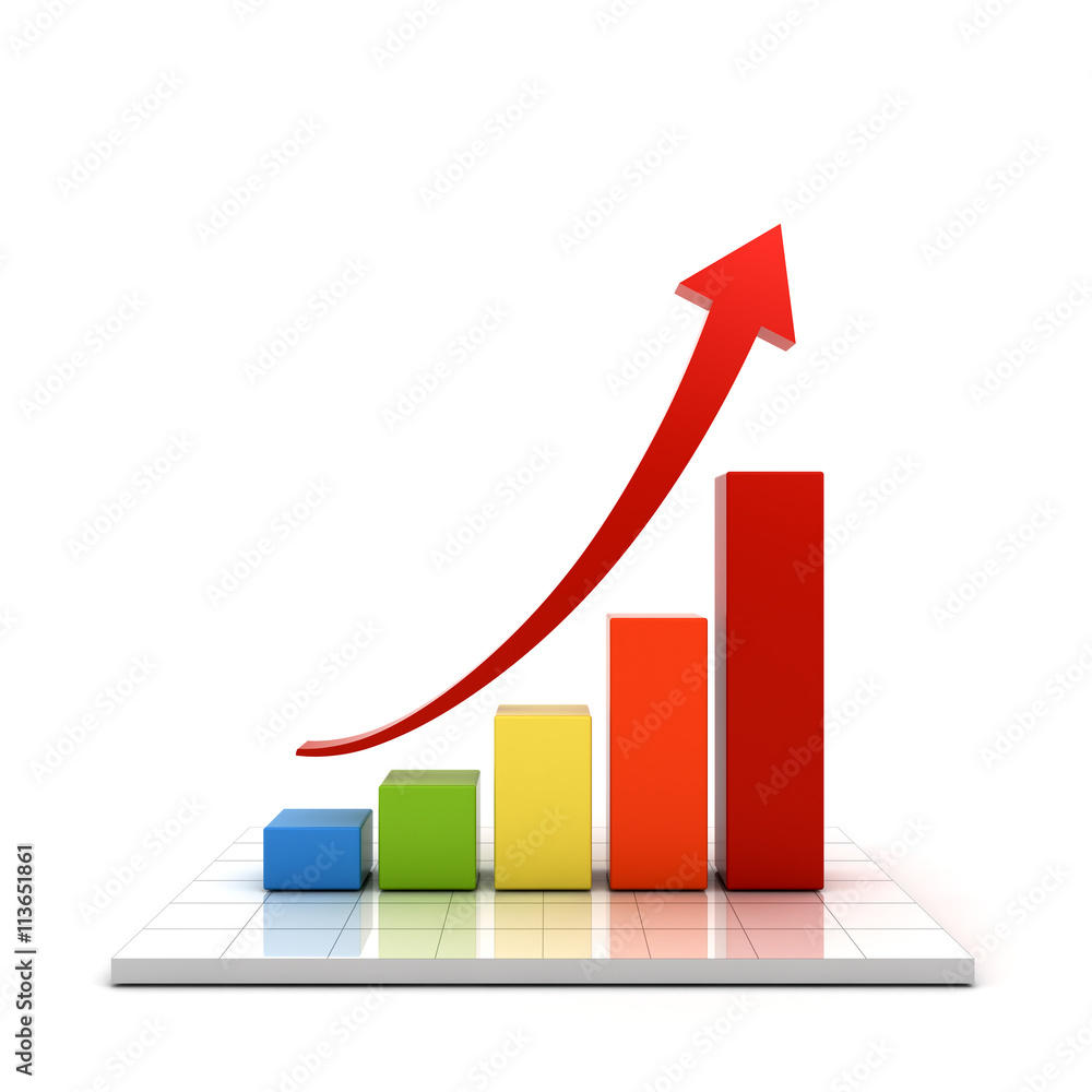 Leinwandbilder business graph with red rising arrow over white background with reflection 3d rendering