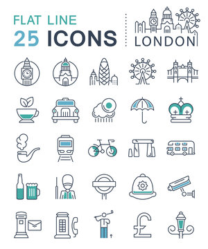 Set Vector Flat Line Icons London and England