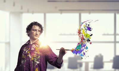 Man artist painting with brush . 3D render
