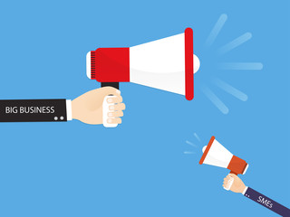 battle between big and small and medium enterprises. voices in support of priority investing getting louder. concept of business competition. market power