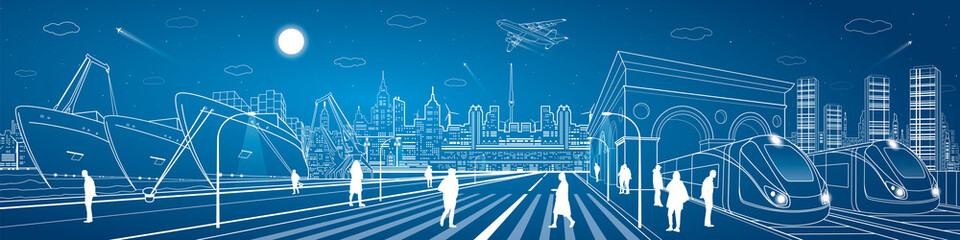 Naklejka premium Cargo port panorama, train on the railway station, people walking on square, industrial and transport panorama, night city, airplane fly, ship on the water, vector design art