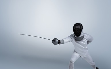 Obraz premium Composite image of man wearing fencing suit practicing with sword