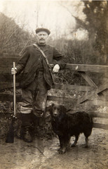 English men on countryside portrait with dog. Vintage image