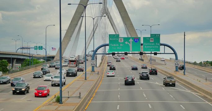 Traffic on the Leonard P. Zakim Bunker Hill Bridge over the Charles River in Boston.	 	