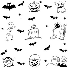 Halloween tomb, evil and ghost doodle set