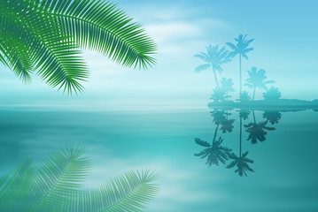 Fototapeta na wymiar Sea with island and palm trees.