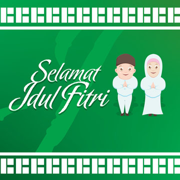 Greeting card vector illustration of Eid Mubarak ( Blessing for Eid) with cartoon character