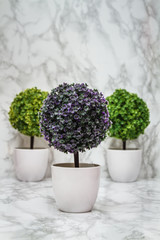 Decorative Artificial Green and Purple Plants in White Pots