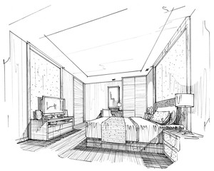 sketch stripes bedroom, black and white interior design.