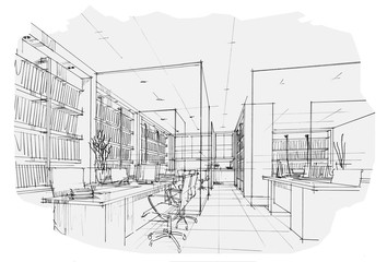 sketch stripes office, black and white interior design.