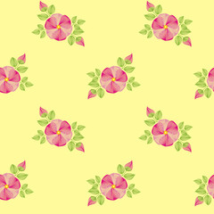 Seamless pattern with dogrose flowers, on a yellow background