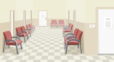 Empty waiting room in the hospital. Private medical practice. Modern Interior at the doctor. The best medical health care. Simple cartoon vector illustration in perspective.