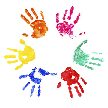 Collection of colorful hand prints, isolated on white background