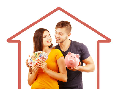 Couple pig money box and banknotes on picture of house background