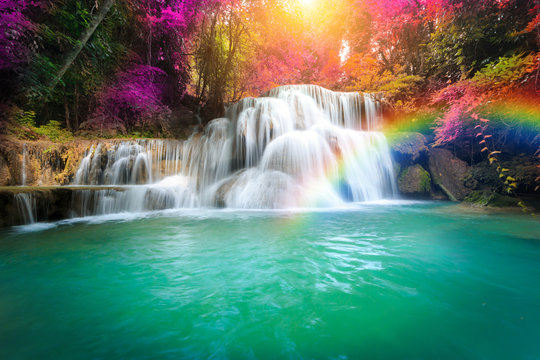 Fototapeta Landscape photo, Huay Mae Kamin Waterfall, beautiful waterfall in rainforest at Kanchanaburi province, Thailand