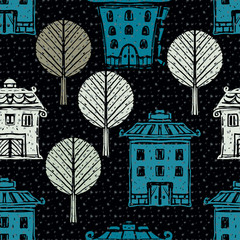 Seamless pattern, trees, houses, snowflakes