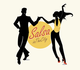 Salsa in the City Tropical: Handsome man and beautiful girl dancing latin music - obrazy, fototapety, plakaty