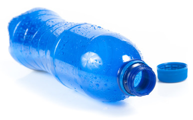 Plastic blue bottle the drink water, selective focus