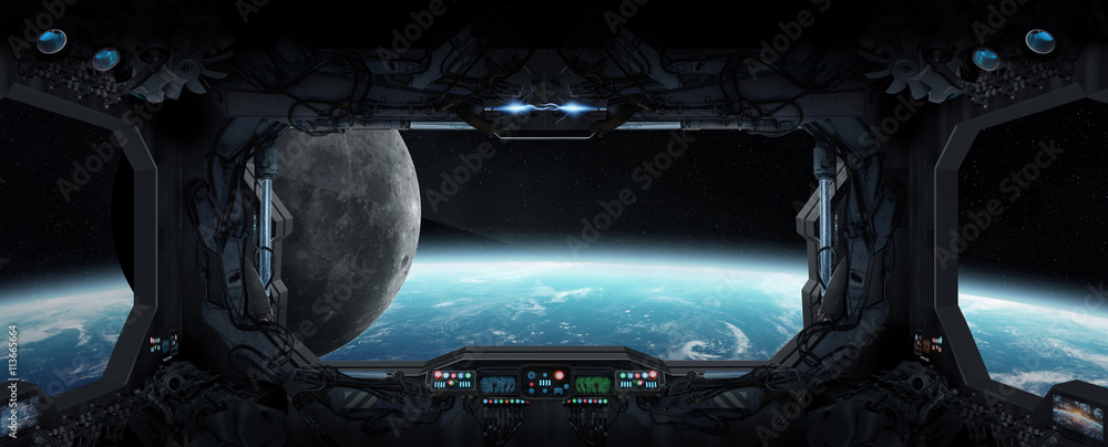 Poster view of planet earth from inside a space station