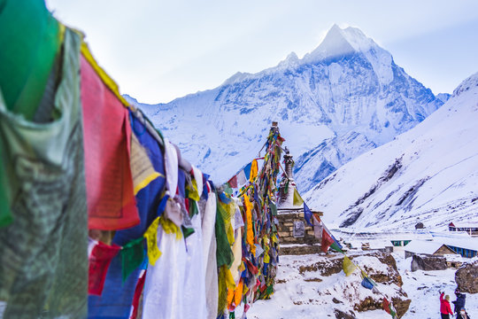 prey flag is sign of faith and hopeful at annapurna background