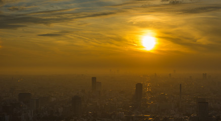 Tokyo sunset aerial panoramic view