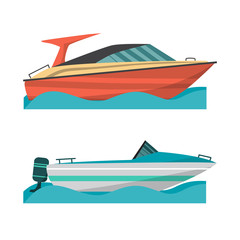 Set motor boat and small boat with outboard motor. Sea or river