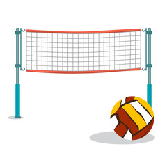 Beach volleyball and net flat cartoon vector illustration on whi