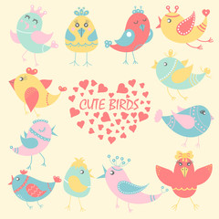 Set of cute birds, cartoon style