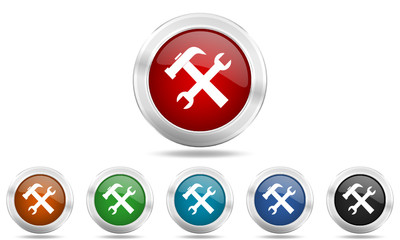 Steel glossy round colored web service vector icon set