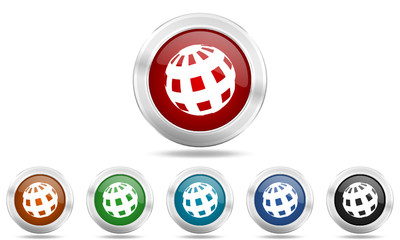 Steel glossy round colored web earth vector icon set