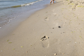 Footprints in the sand at the morning time