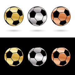 Three soccer football balls in three different metal color gold, silver, bronze