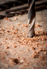 Detail of drill bit in a piece of wood