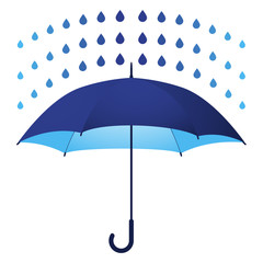 Open blue umbrella with raindrops above