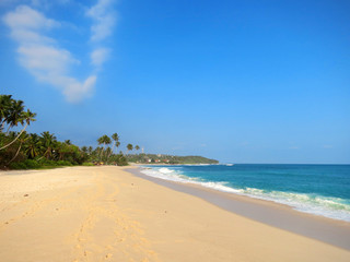 Fototapeta na wymiar Empty clean beach with palms, Kamburugamuwa, Mirissa, Sri Lanka