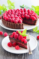 Chocolate tart with fresh raspberries.