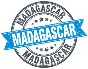 Madagascar blue round grunge vintage ribbon stamp