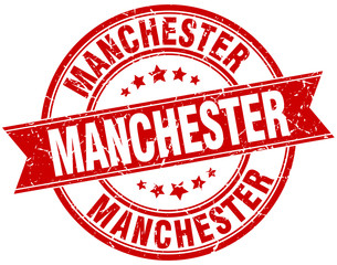 Manchester red round grunge vintage ribbon stamp