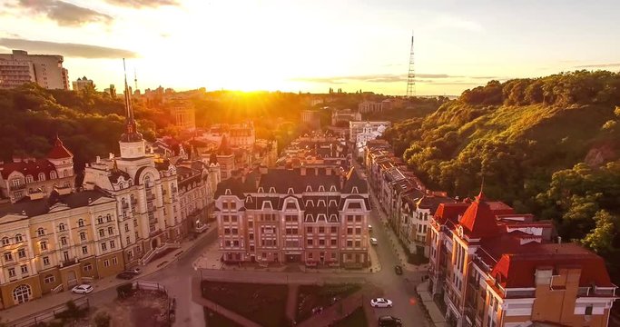 Aerial view sunset in the city. beautiful view of the city on the river.beautiful sunset