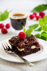 Chocolate brownie with raspberries and mascarpone.