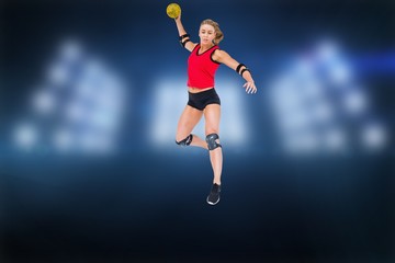 Fototapeta na wymiar Composite image of female athlete with elbow pad throwing handball