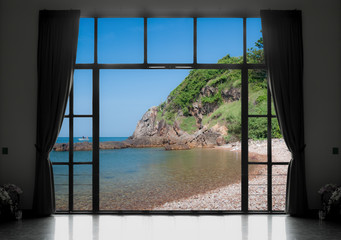 Fototapety  Sylwetki okna z zasłoną, tło z widokiem na morze