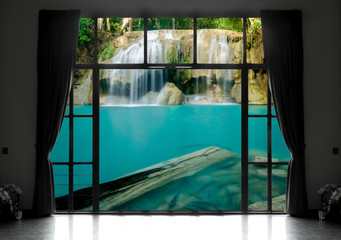 Silhouettes of window with a curtain, waterfall view background