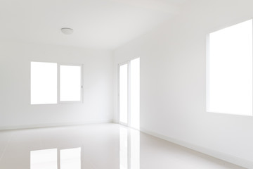 Fototapeta na wymiar White room with a door and windows